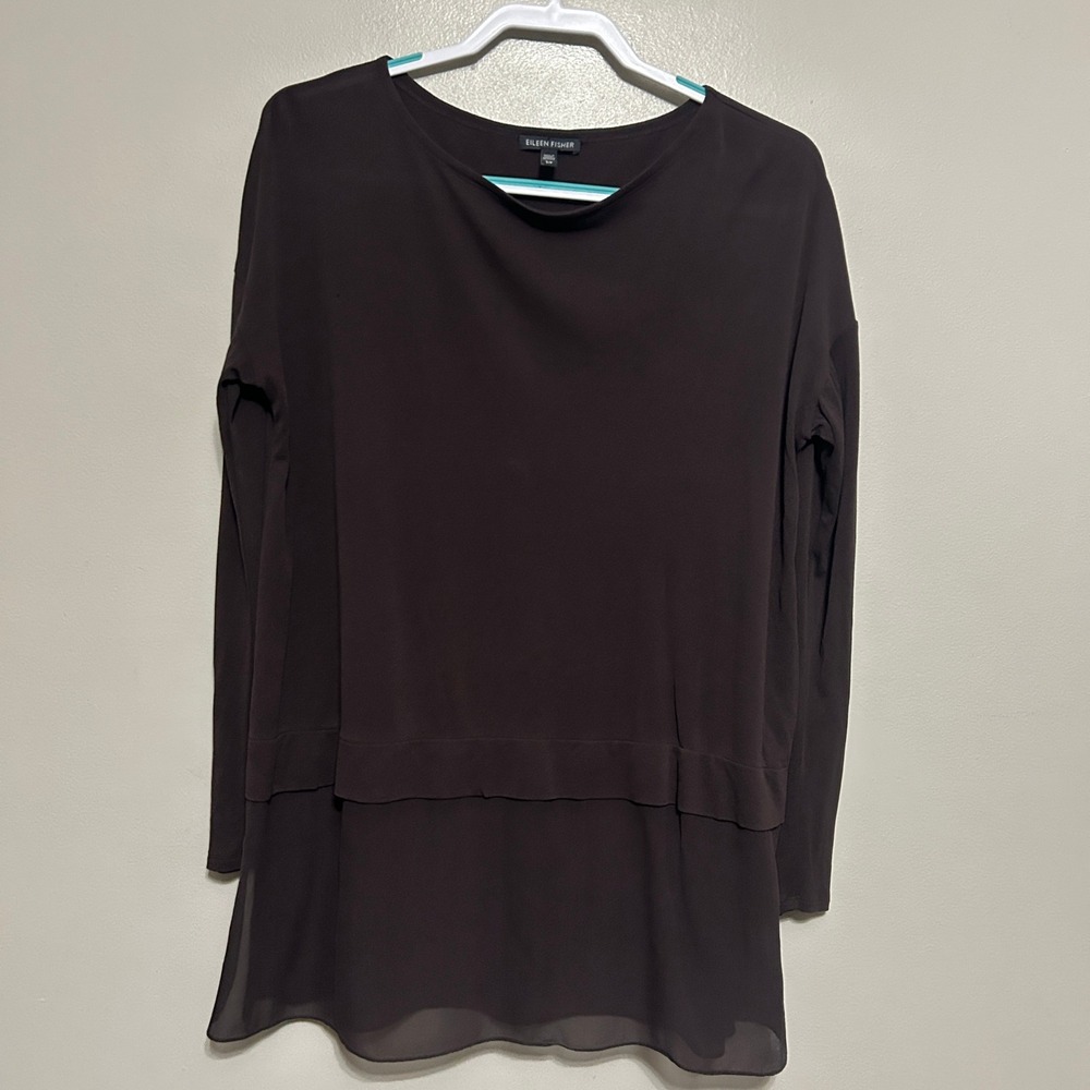 Eileen Fisher Silk Tunic Women S Brown Layered Hem Long Sleeve Quiet Luxury